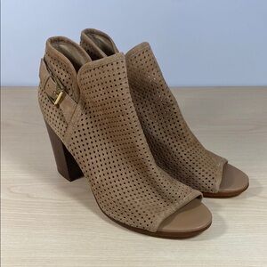 Sam Edelman Easton Perforated Tan Suede Heeled Boots with Peep Toe